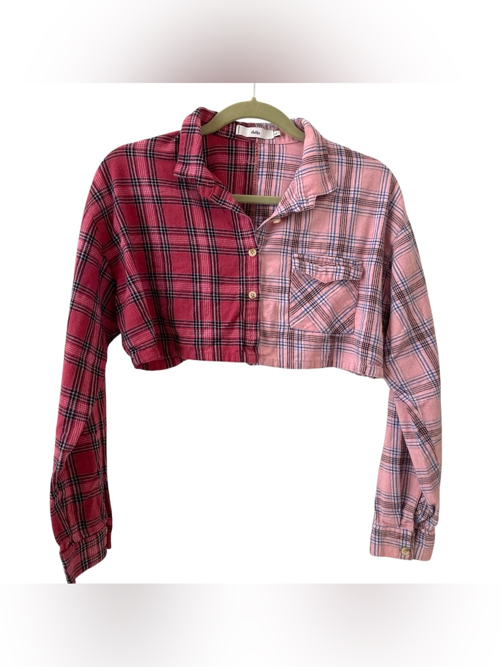 Two-Tone Pink mixed Plaid Cropped Button-Up Shirt